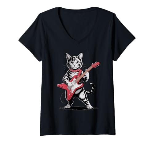 Damen Vintage Domestic Shorthair Katze spielt Gitarre Funny T-Shirt mit V-Ausschnitt Damen Vintage Domestic Shorthair Katze spielt Gitarre Funny T-Shirt mit V-Ausschnitt von Funny Musical Cat Playing Guitar Cool Tee