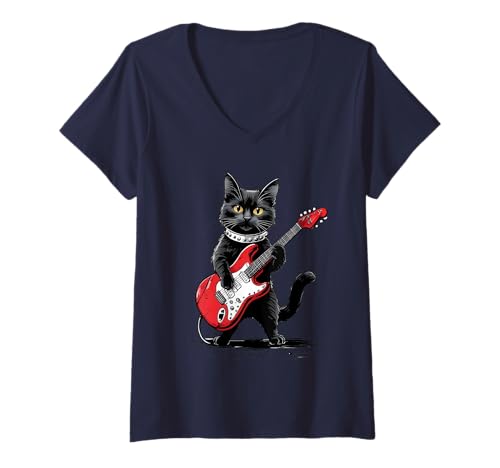 Damen Vintage Domestic Shorthair Katze spielt Gitarre Funny T-Shirt mit V-Ausschnitt Damen Vintage Domestic Shorthair Katze spielt Gitarre Funny T-Shirt mit V-Ausschnitt von Funny Musical Cat Playing Guitar Cool Tee