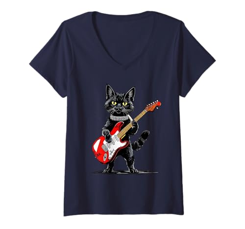 Damen Vintage Maine Coon Katze spielt Gitarre Funny Kätzchen T-Shirt mit V-Ausschnitt Damen Vintage Maine Coon Katze spielt Gitarre Funny Kätzchen T-Shirt mit V-Ausschnitt von Funny Musical Labrador Retriever Dog Cool Tee