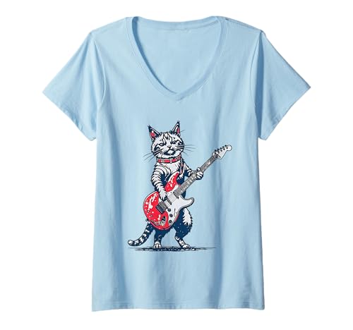 Damen Vintage Ragdoll Katze spielt Gitarre lustige T-Shirt mit V-Ausschnitt Damen Vintage Ragdoll Katze spielt Gitarre lustige T-Shirt mit V-Ausschnitt von Funny Musical Labrador Retriever Dog Cool Tee
