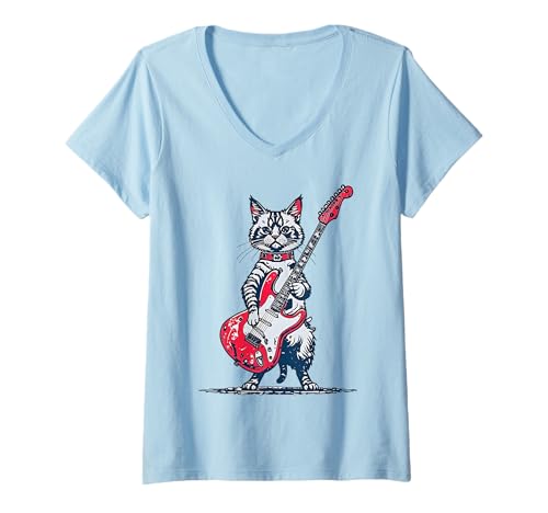 Damen Vintage Ragdoll Katze spielt Gitarre lustige T-Shirt mit V-Ausschnitt Damen Vintage Ragdoll Katze spielt Gitarre lustige T-Shirt mit V-Ausschnitt von Funny Musical Labrador Retriever Dog Cool Tee