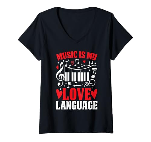 Damen Music is My Love Language Lustiger Valentinstag Musiker T-Shirt mit V-Ausschnitt von Funny Musician Shirts for Women Men