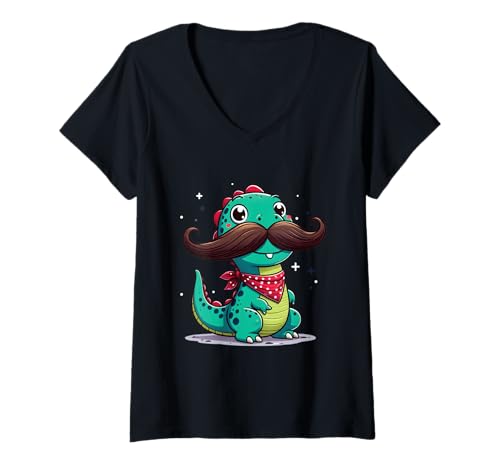 Damen Niedliches Dino mit Schnurrbart Lustiges Cartoon-Bandana Humor T-Shirt mit V-Ausschnitt Damen Niedliches Dino mit Schnurrbart Lustiges Cartoon-Bandana Humor T-Shirt mit V-Ausschnitt von Funny Mustache Dinosaur Bandana Costume Lovers