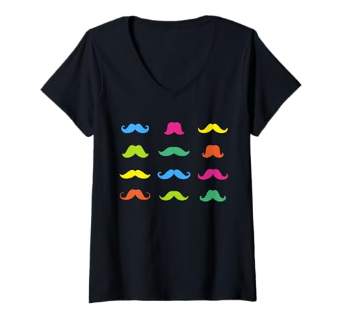 Damen Schnurrbart Shirt Buntes Schnurrbart T-Shirt für Mädchen Frauen T-Shirt mit V-Ausschnitt von Funny Mustache T Shirt