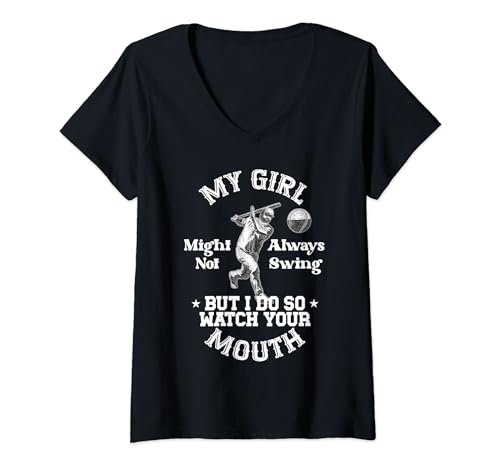 Damen Mein Mädchen schwingt vielleicht nicht immer, aber ich beobachte deinen Mund T-Shirt mit V-Ausschnitt von Funny My Girl Might Not Always Swing But I Do