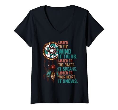 Damen Listen To The Wind It Talks Lustige Indianer-Tag-Grafik T-Shirt mit V-Ausschnitt Damen Listen To The Wind It Talks Lustige Indianer-Tag-Grafik T-Shirt mit V-Ausschnitt von Funny Native American Graphic & More