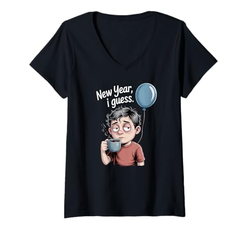 Damen Neues Jahr, ich schätze, müde, lustiger Kaffee-Cartoon T-Shirt mit V-Ausschnitt von Funny New Year Meme Apparel Gifts by Anastasia