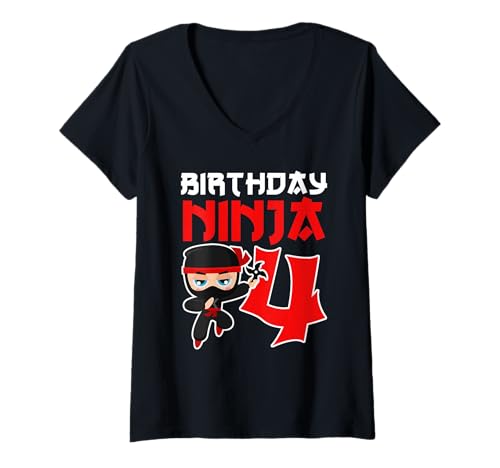 Damen Geburtstag Ninja 4 Jahre alt Ninja Geburtstagsparty T-Shirt mit V-Ausschnitt Damen Geburtstag Ninja 4 Jahre alt Ninja Geburtstagsparty T-Shirt mit V-Ausschnitt von Funny Ninja Birthday Designs