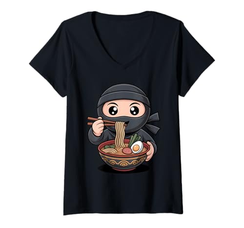 Damen Netter Ninja, der japanische Kawaii-Anime-Nudeln mit Ramen isst T-Shirt mit V-Ausschnitt von Funny Ninja Ramen Lover Apparel
