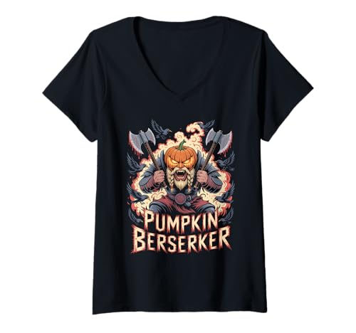Damen Nordische Mythologie Halloween - Kürbis Wikinger Berserker T-Shirt mit V-Ausschnitt von Funny Norse Halloween Berserker for Nordic Lover