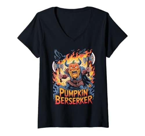 Damen Wikinger Halloween Kürbis Berserker T-Shirt mit V-Ausschnitt von Funny Norse Halloween Berserker for Nordic Lover