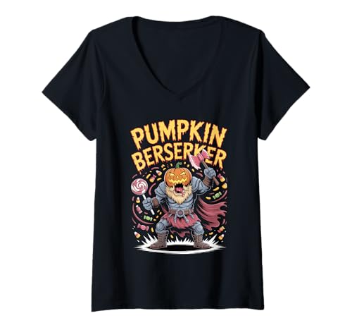 Damen Kürbis Wikinger Krieger - Halloween nordische Mythologie Berserker T-Shirt mit V-Ausschnitt Damen Kürbis Wikinger Krieger - Halloween nordische Mythologie Berserker T-Shirt mit V-Ausschnitt von Funny Norse Halloween Berserker for Norseman