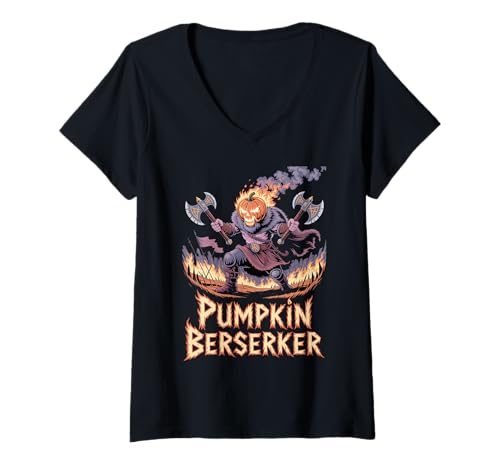 Damen Kürbiskopf Berserker - Lustiger Wikinger Krieger Halloween T-Shirt mit V-Ausschnitt Damen Kürbiskopf Berserker - Lustiger Wikinger Krieger Halloween T-Shirt mit V-Ausschnitt von Funny Norse Halloween Berserker for Norseman
