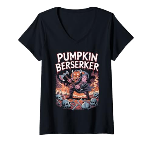 Damen Kürbiskopf Norse Berserker - Wikinger Krieger Halloween T-Shirt mit V-Ausschnitt Damen Kürbiskopf Norse Berserker - Wikinger Krieger Halloween T-Shirt mit V-Ausschnitt von Funny Norse Halloween Berserker for Norseman
