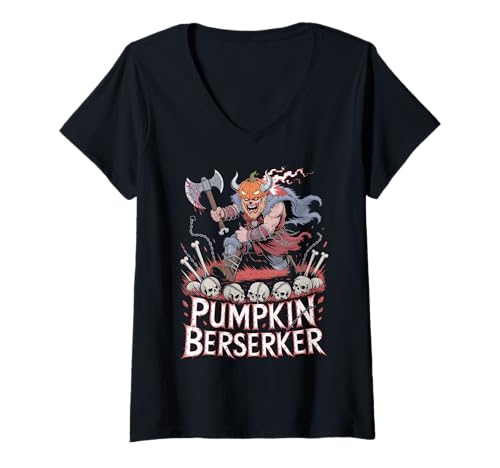 Damen Kürbiskopf Wikinger Berserker - Lustiges Wikinger Halloween T-Shirt mit V-Ausschnitt Damen Kürbiskopf Wikinger Berserker - Lustiges Wikinger Halloween T-Shirt mit V-Ausschnitt von Funny Norse Halloween Berserker for Norseman