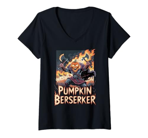 Damen Kürbiskrieger - Halloween nordische Mythologie Berserker Wikinger T-Shirt mit V-Ausschnitt Damen Kürbiskrieger - Halloween nordische Mythologie Berserker Wikinger T-Shirt mit V-Ausschnitt von Funny Norse Halloween Berserker for Norseman