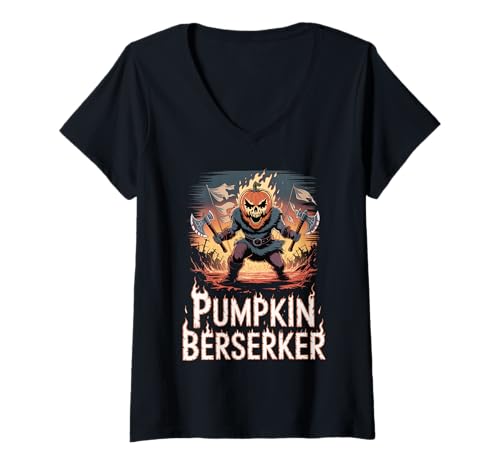 Damen Kürbiskrieger - Wikinger Halloween nordische Mythologie Berserker T-Shirt mit V-Ausschnitt Damen Kürbiskrieger - Wikinger Halloween nordische Mythologie Berserker T-Shirt mit V-Ausschnitt von Funny Norse Halloween Berserker for Norseman