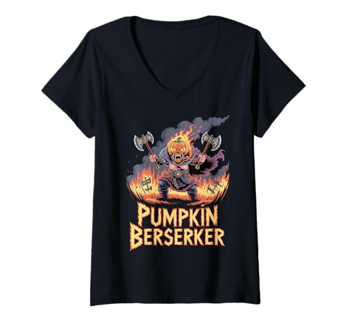 Damen Lustiger Kürbis Wikinger Krieger - Halloween nordische Mythologie T-Shirt mit V-Ausschnitt Damen Lustiger Kürbis Wikinger Krieger - Halloween nordische Mythologie T-Shirt mit V-Ausschnitt von Funny Norse Halloween Berserker for Norseman