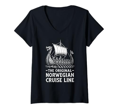Damen Original Norwegische Kreuzfahrtlinie Wikinger Humor Funny Vikings T-Shirt mit V-Ausschnitt von Funny Norwegian & Viking Reenactment Festival Tees