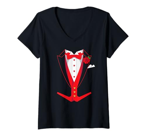 Damen Valentinstag Smoking rote Fliege Lustiges Valentinstagsoutfit T-Shirt mit V-Ausschnitt Damen Valentinstag Smoking rote Fliege Lustiges Valentinstagsoutfit T-Shirt mit V-Ausschnitt von Funny Novelty Collection T-Shirts