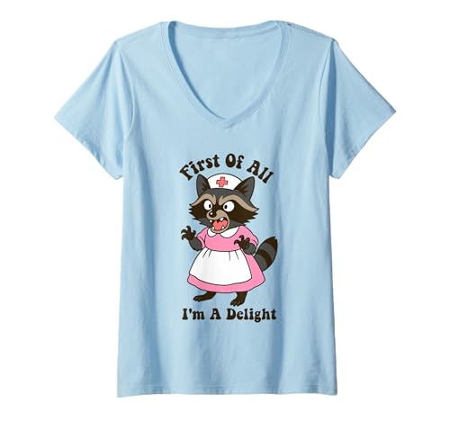 Damen First of All I'm A Delight Waschbär Krankenschwester Lustiger Waschbär T-Shirt mit V-Ausschnitt Damen First of All I'm A Delight Waschbär Krankenschwester Lustiger Waschbär T-Shirt mit V-Ausschnitt von Funny Nurse Raccoon