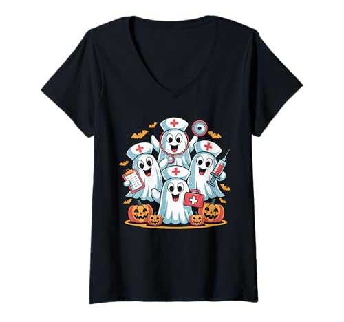 Damen Süßes gruseliges Geisterkrankenschwester-Kostüm für Halloween, Peeling T-Shirt mit V-Ausschnitt Damen Süßes gruseliges Geisterkrankenschwester-Kostüm für Halloween, Peeling T-Shirt mit V-Ausschnitt von Funny Nursing Halloween Spooky Ghost Costume Gifts