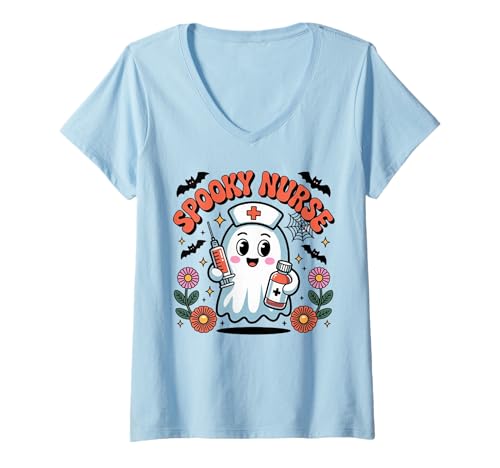 Damen Lustig, gruselig, niedlich, Krankenschwester, Geist, Halloween-Party, grooviges Stillen T-Shirt mit V-Ausschnitt Damen Lustig, gruselig, niedlich, Krankenschwester, Geist, Halloween-Party, grooviges Stillen T-Shirt mit V-Ausschnitt von Funny Nursing halloween Costume Gifts Idea