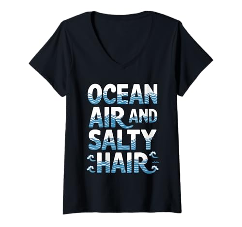 Damen Meeresluft und salziges Haar Entspannte Küstenatmosphäre am Strand T-Shirt mit V-Ausschnitt Damen Meeresluft und salziges Haar Entspannte Küstenatmosphäre am Strand T-Shirt mit V-Ausschnitt von Funny Ocean Air and Salty Hair Gifts & Apparel