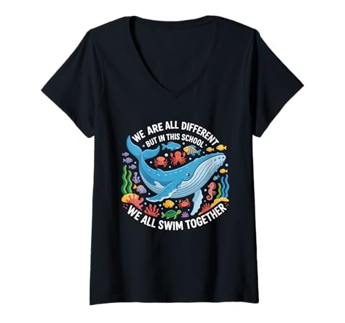 Damen Wir sind alle verschieden, Aber in Dieser Schule Schwimmen wir alle zusammen T-Shirt mit V-Ausschnitt Damen Wir sind alle verschieden, Aber in Dieser Schule Schwimmen wir alle zusammen T-Shirt mit V-Ausschnitt von Funny Ocean Animal Classroom School Marine Life