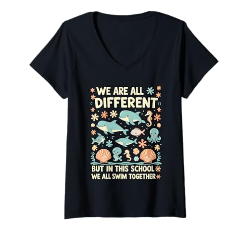 Damen Wir sind alle verschieden, Aber in Dieser Schule Schwimmen wir alle zusammen T-Shirt mit V-Ausschnitt Damen Wir sind alle verschieden, Aber in Dieser Schule Schwimmen wir alle zusammen T-Shirt mit V-Ausschnitt von Funny Ocean Animal Classroom School Marine Life