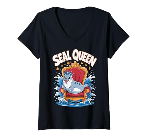 Damen Seal Queen Funny Cute Seal Lover Royal Animal Gifts T-Shirt mit V-Ausschnitt von Funny Ocean Animal Seal Queen Sea Apparel