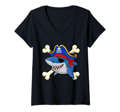 Damen Lustiger Piratenhai Gekreuzte Knochen Halloween Kostüm T-Shirt mit V-Ausschnitt Damen Lustiger Piratenhai Gekreuzte Knochen Halloween Kostüm T-Shirt mit V-Ausschnitt von Funny Ocean Pirate Adventures