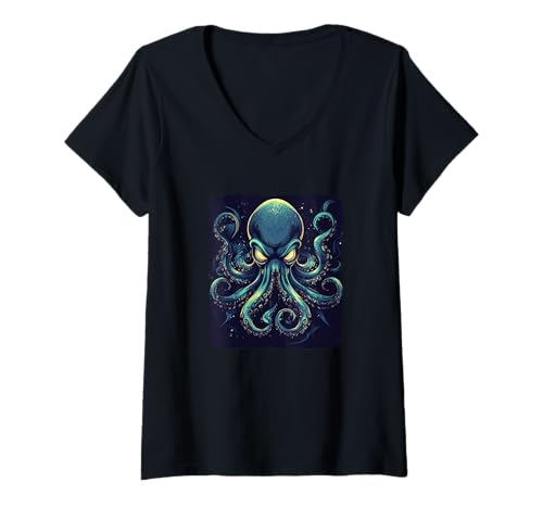 Damen Mad Octopus Kostüm T-Shirt mit V-Ausschnitt von Funny Octopus Face