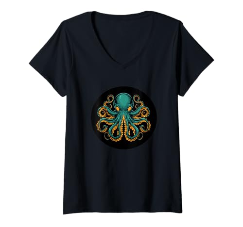 Damen Schönes Oktopus-Tier für Meeres- und Ozeanliebhaber T-Shirt mit V-Ausschnitt von Funny Octopus Face
