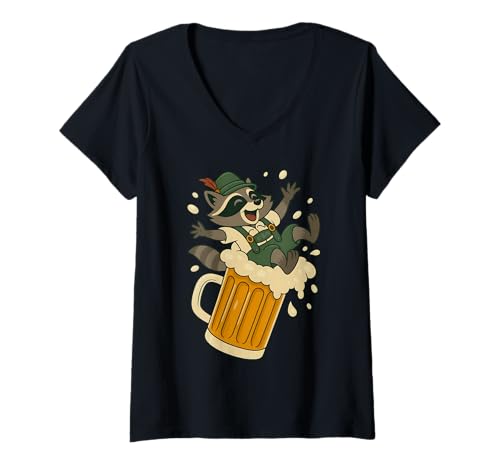 Damen Lustiger Waschbär rutscht auf einem riesigen Bierkrug Schaum Oktoberfest T-Shirt mit V-Ausschnitt Damen Lustiger Waschbär rutscht auf einem riesigen Bierkrug Schaum Oktoberfest T-Shirt mit V-Ausschnitt von Funny Oktoberfest drinking designs for man, woman