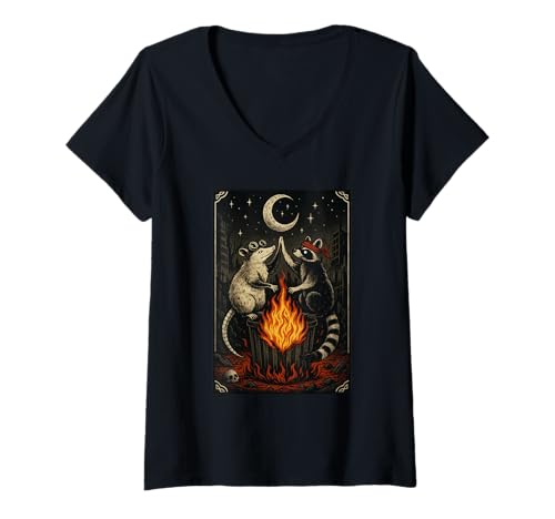 Damen Funny Opossum Raccoon Trash Can Crescent Moon T-Shirt mit V-Ausschnitt Damen Funny Opossum Raccoon Trash Can Crescent Moon T-Shirt mit V-Ausschnitt von Funny Opossum Raccoon Apparel