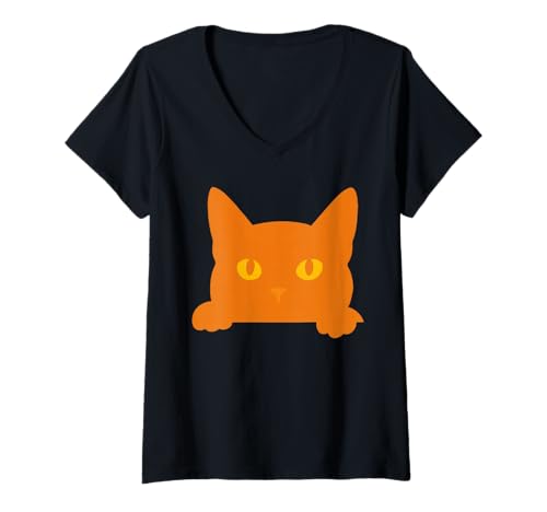 Damen Funny Orange Cat Peaking T-Shirt mit V-Ausschnitt von Funny Orange Cat Graphic Apparel