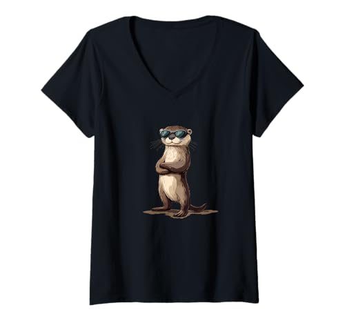 Damen Ein verspielter Otter, der in Sonnenstrahlen scharf aussieht T-Shirt mit V-Ausschnitt von Funny Otter Face with Sunglasses