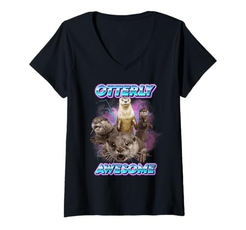 Damen Otterly Awesome Retro 90er Jahre Wortspiel Vintage Meme Otter Grafik T-Shirt mit V-Ausschnitt von Funny Otter Meme Retro Graphic for Men Women Kids