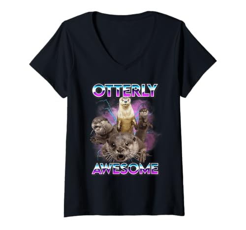 Damen Otterly Awesome Retro 90er Jahre Wortspiel Vintage Meme Otter Grafik T-Shirt mit V-Ausschnitt von Funny Otter Meme Retro Graphic for Women Men Kids