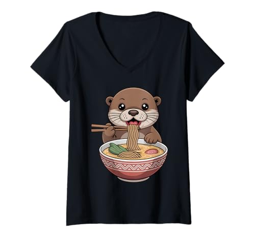 Damen Niedlicher Otter isst Ramen Japanische Kawaii Tiernudeln T-Shirt mit V-Ausschnitt Damen Niedlicher Otter isst Ramen Japanische Kawaii Tiernudeln T-Shirt mit V-Ausschnitt von Funny Otter Ramen Lover Apparel