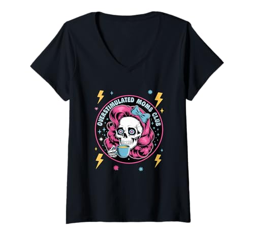 Damen Overstimulated Moms Club Groovy Mama Süßer Totenkopf Muttertag T-Shirt mit V-Ausschnitt von Funny Overstimulated Moms Club Shirt