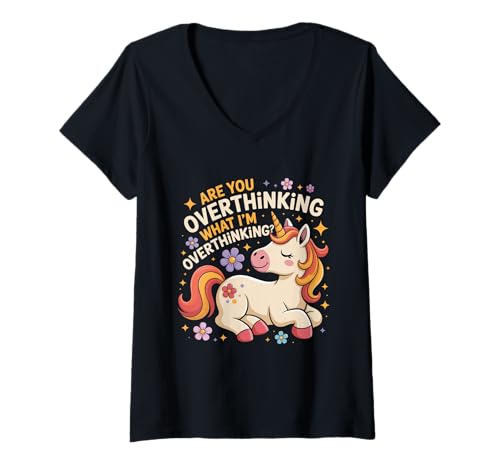 Damen Denken Sie zu viel über Einhornpferd für nachdenkliche Köpfe nach? T-Shirt mit V-Ausschnitt Damen Denken Sie zu viel über Einhornpferd für nachdenkliche Köpfe nach? T-Shirt mit V-Ausschnitt von Funny Overthinking Unicorn For Dreamers & Thinkers