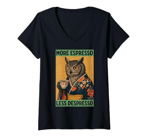 Damen More Espresso Less Depresso Japanische Eule Kimono Kaffee T-Shirt mit V-Ausschnitt Damen More Espresso Less Depresso Japanische Eule Kimono Kaffee T-Shirt mit V-Ausschnitt von Funny Owl More Espresso Less Depresso Men Women
