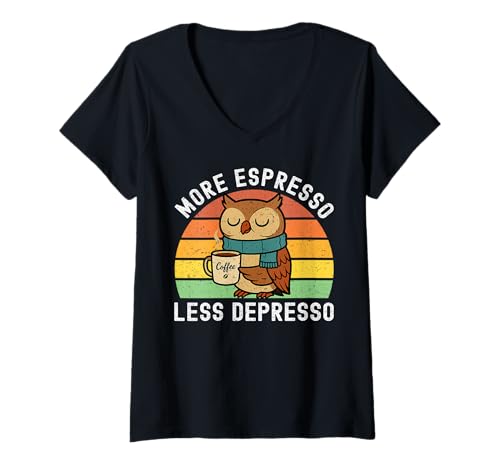 Damen More Espresso Less Depresso Japanische Eule Retro Kaffeeliebhaber T-Shirt mit V-Ausschnitt Damen More Espresso Less Depresso Japanische Eule Retro Kaffeeliebhaber T-Shirt mit V-Ausschnitt von Funny Owl More Espresso Less Depresso Men Women