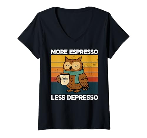 Damen More Espresso Less Depresso Japanische Eule Retro Kaffeeliebhaber T-Shirt mit V-Ausschnitt Damen More Espresso Less Depresso Japanische Eule Retro Kaffeeliebhaber T-Shirt mit V-Ausschnitt von Funny Owl More Espresso Less Depresso Men Women
