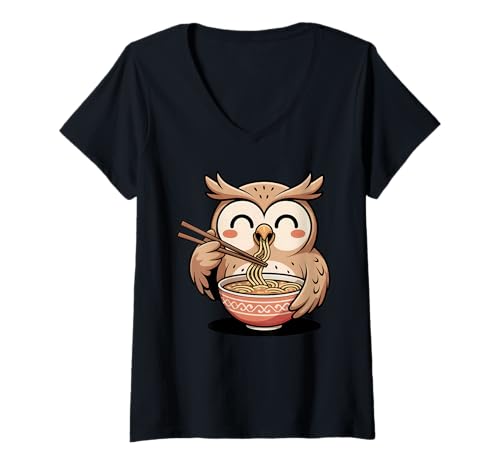 Damen Süße Eule, die Ramen isst, japanische Kawaii-Vogelnudeln T-Shirt mit V-Ausschnitt Damen Süße Eule, die Ramen isst, japanische Kawaii-Vogelnudeln T-Shirt mit V-Ausschnitt von Funny Owl Ramen Lover Apparel