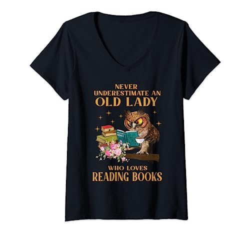 Damen Unterschätze niemals eine alte Dame, die gerne Bücher liest Eule T-Shirt mit V-Ausschnitt Damen Unterschätze niemals eine alte Dame, die gerne Bücher liest Eule T-Shirt mit V-Ausschnitt von Funny Owl Reading Book And Coffee