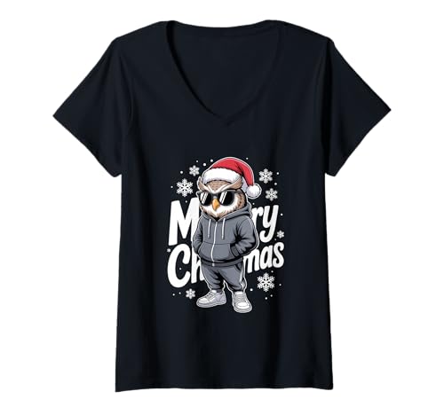 Damen Eule in Sonnenbrille Cool Christmas T-Shirt mit V-Ausschnitt Damen Eule in Sonnenbrille Cool Christmas T-Shirt mit V-Ausschnitt von Funny Owl Santa Hat Apparel