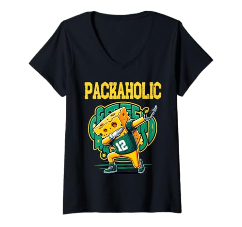 Damen Lustiger Packaholic Green Bay Cheese Dabbing Süßer Käse-Foodie T-Shirt mit V-Ausschnitt von Funny Packaholic Green Bay Cheese For Women Men